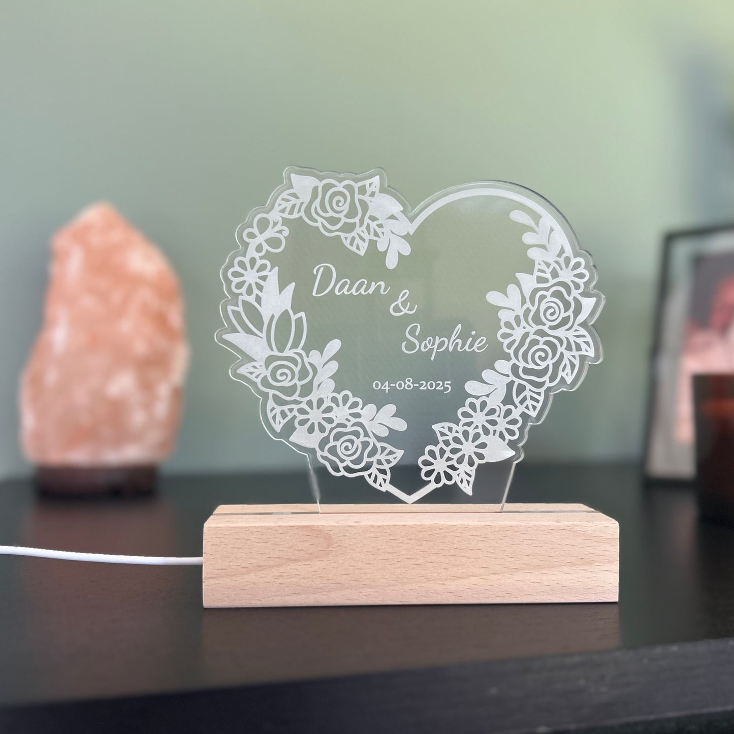 Hartjes bloem met namen en datum - Led lamp