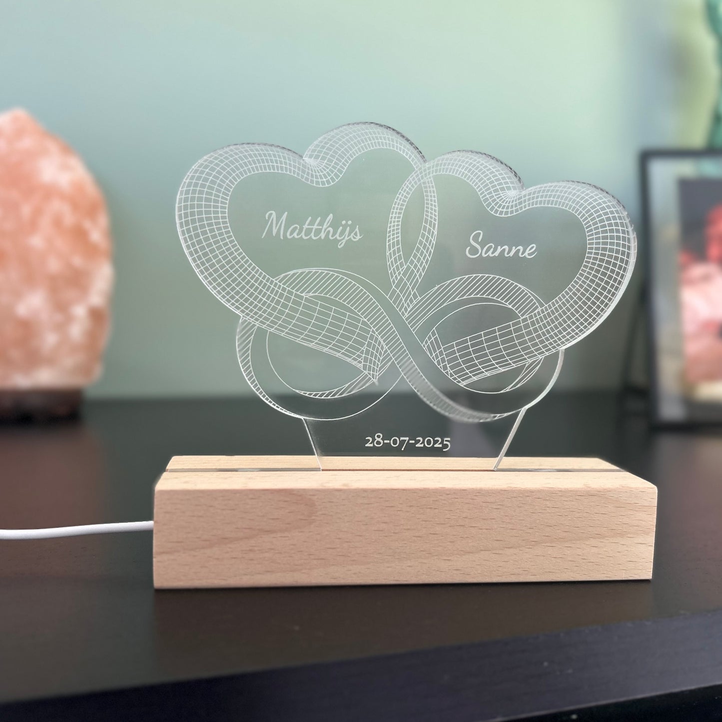 Liefdes hartjes met namen en datum - Led lamp