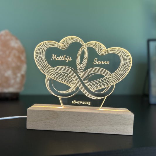 Liefdes hartjes met namen en datum - Led lamp