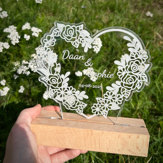 Hartjes bloem met namen en datum - Led lamp