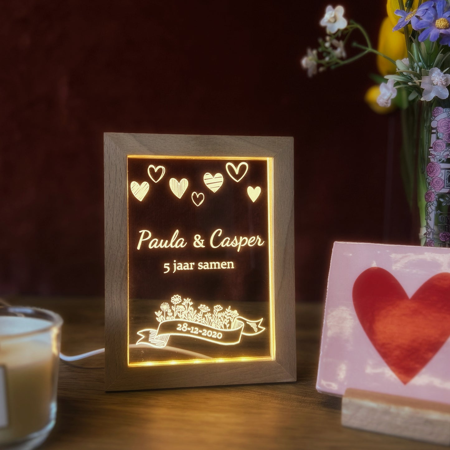 Fotoframe Led lamp - Hartjes met namen, datum en tekst