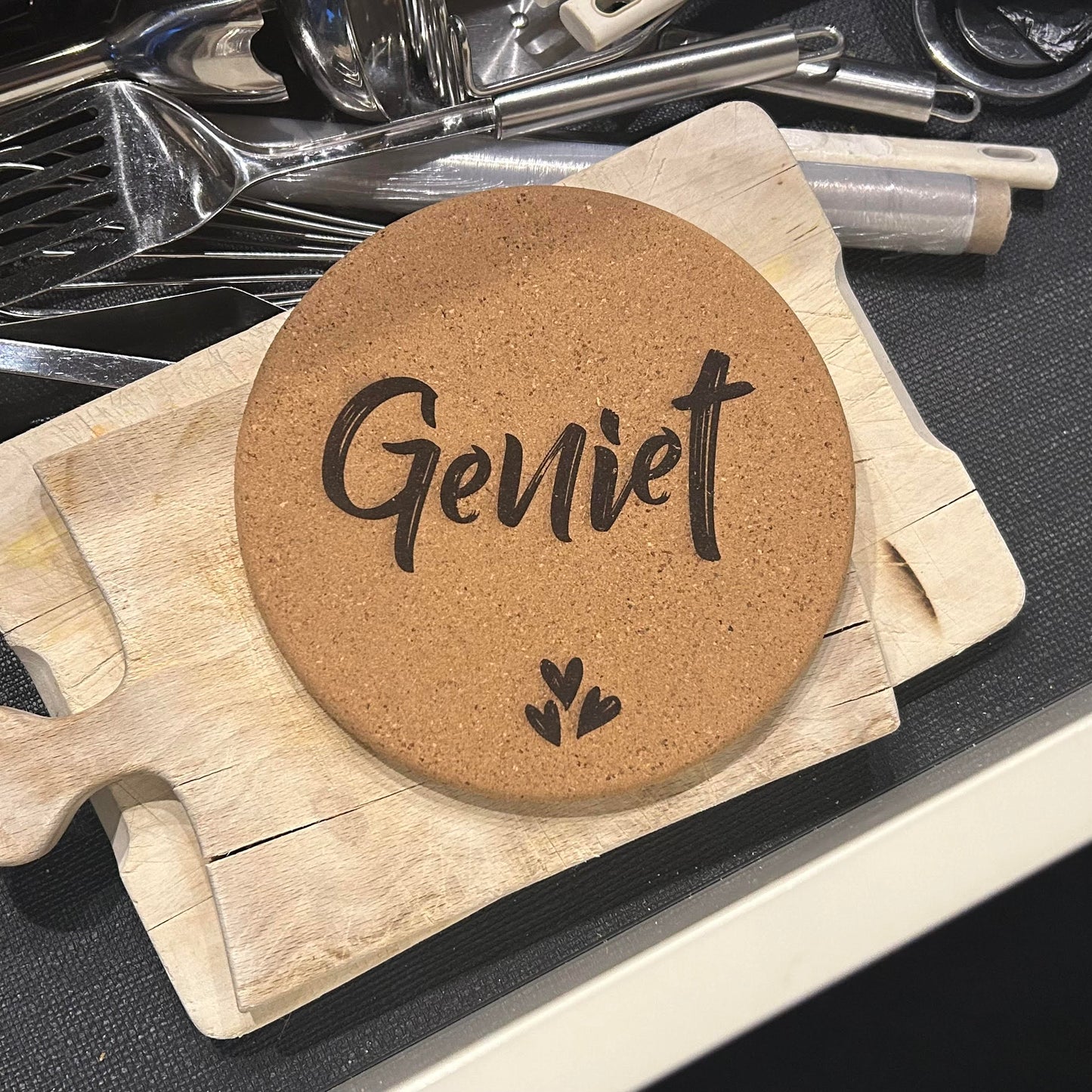 Pan onderzetter kurk "Geniet"