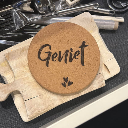 Pan onderzetter kurk "Geniet"